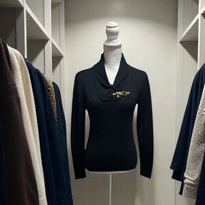 Lauren by Ralph Lauren Black Label ribbed sweater shawl collar gold-tone closure